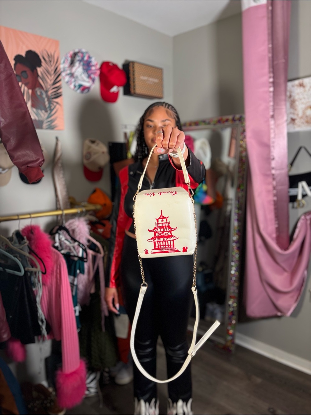 White & Red Pagoda Print Shoulder Bag